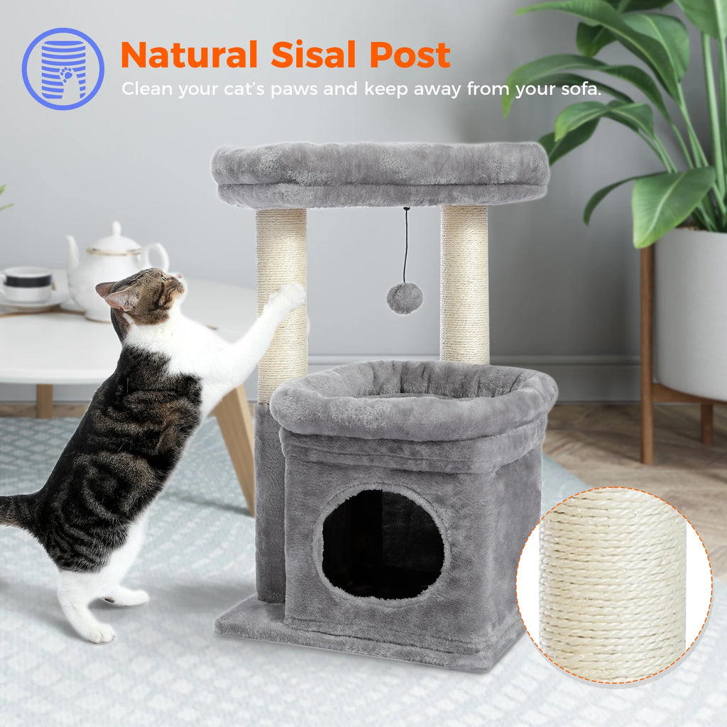 Cat Tree Condo 27" Cat Tower with Large Top Perch and Scratching Posts for Kittens and Medium Cats, Purple